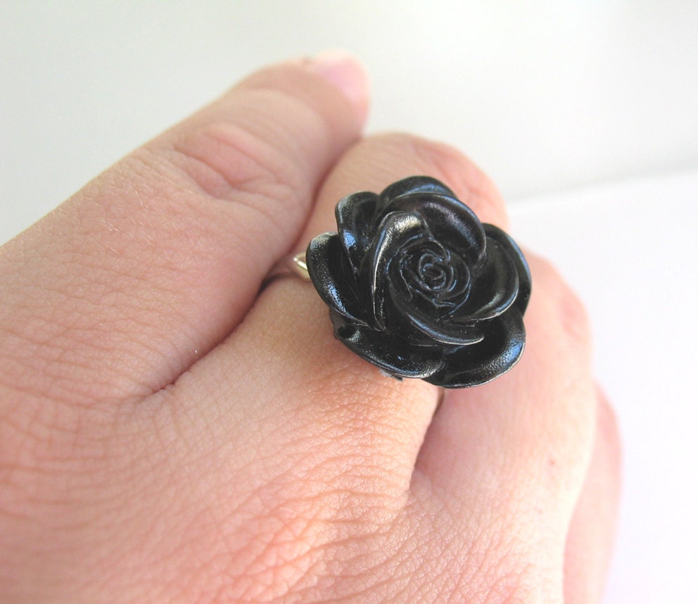 SALE- Silver Plated Adjustable Flower Ring- Black Rose