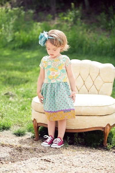 Girls vintage style dress, floral knit top, polka dot skirt - Little Miss Dot Dress 12m/18m, 2t, 3t, 4t, 5, 6, 7/8