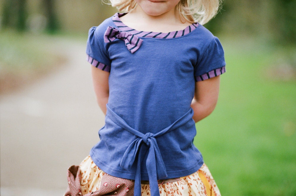 Girl's shirt in purple, purple girl's tee, bohemian top for girls, striped bow detail - Polly Tee 12m/18m, 2T, 3T, 4T, 5, 6, 7/8, 9/10