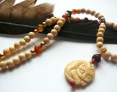 Cat Goddess Lover Necklace / Carved Bone , SandalWood , Agate and Carnelian