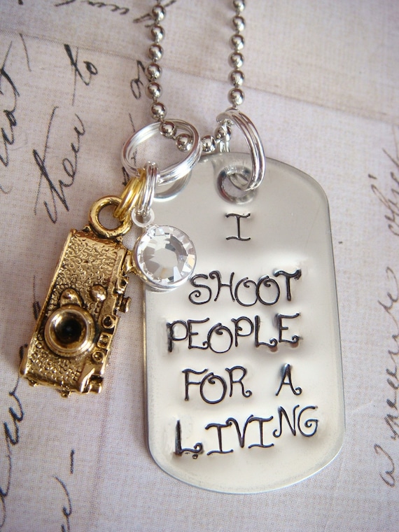 I Shoot People for a Living - Handstamped Recycled Mini Dog Tag w/ Charm / Swarovski Crystal - Comes with a FREE 24 inch Ballchain Necklace
