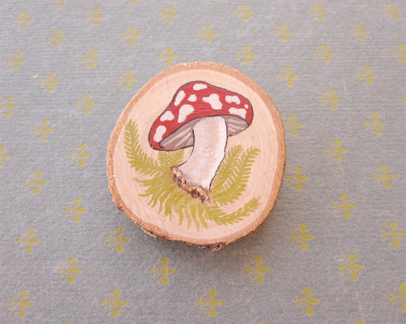 Mushroom and ferns wooden pin brooch mini painting