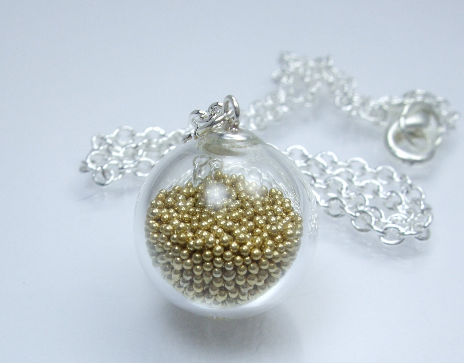 Small Bubble Collection - Gold Marble Beads Filled Small Hand Blown Delicate Clear Move Glass Bubble Round Silver Necklace 