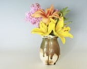 Wood Fired Porcelain Small Vase in Almond White with a Dark Sage Green Band