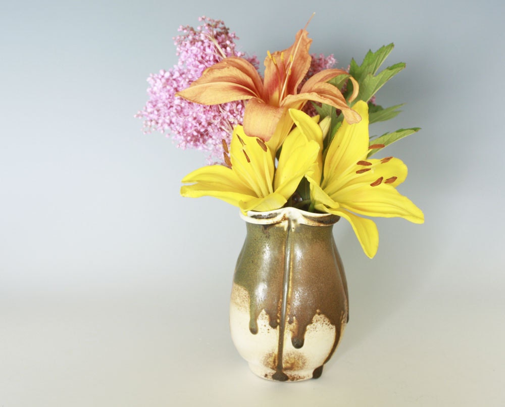 Wood Fired Porcelain Small Vase in Almond White with a Dark Sage Green Band