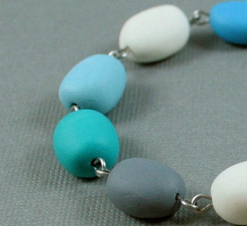 Handmade Tiny Pebbles Necklace - Polymer Clay - Blue Beach Tones
