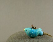 Little Blue Bird Necklace - Hand Sculpted  Miniature Polymer Clay Animal - Antiqued Brass