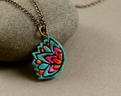 Colorful Lotus Flower Necklace - Polymer Clay - Teal, Fuchsia, Orange