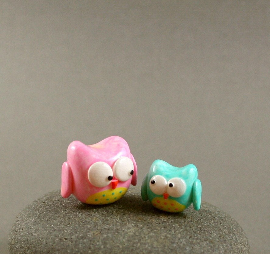 Mommy And Baby Owl Set - Hand Sculpted Miniature Polymer Clay Animal
