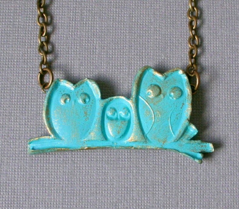 SALE - 40% OFF - Little Aqua Owl Family Necklace - Polymer Clay - Antiqued Brass
