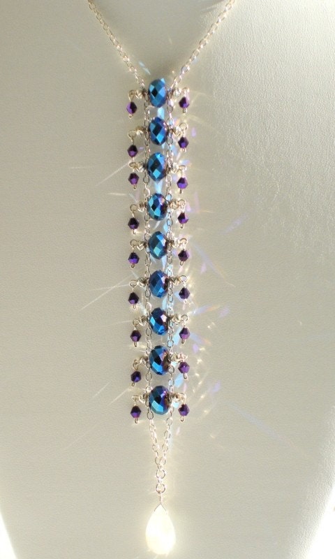 Night Shade, handmade, Chinese blue and purple crystal, wire wrapped sterling silver pendant and necklace