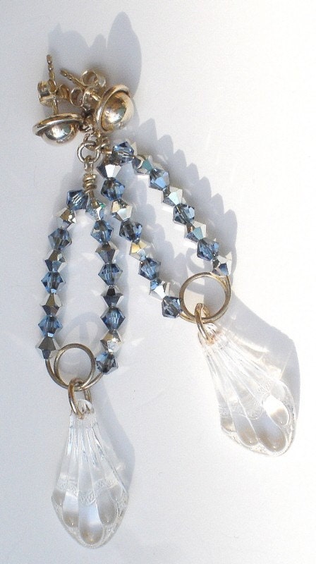 Louise, handmade, sterling silver,wire wrapped, Swarovski crystal and antique glass drop earrings