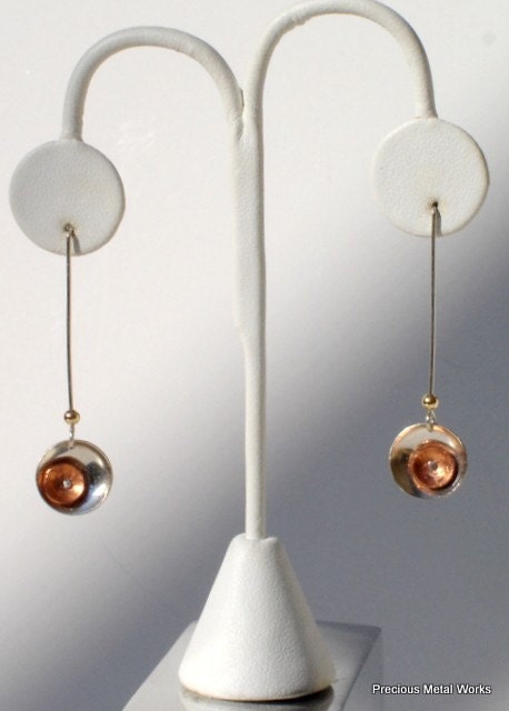 Lunar Impact, handmade, sterling silver and copper disc contemporary dangle  pierced earrings