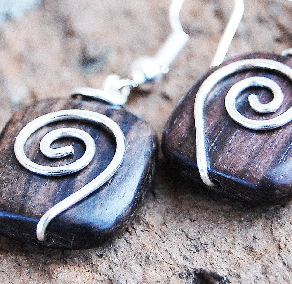 Wooden Square Silver Spiral Earrings