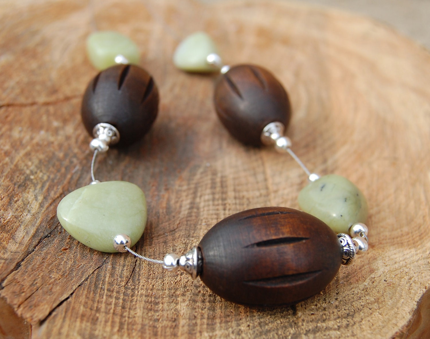 SALE. Brown and Green Necklace, Wood, Olive Jade, Illusion Necklace, Silver