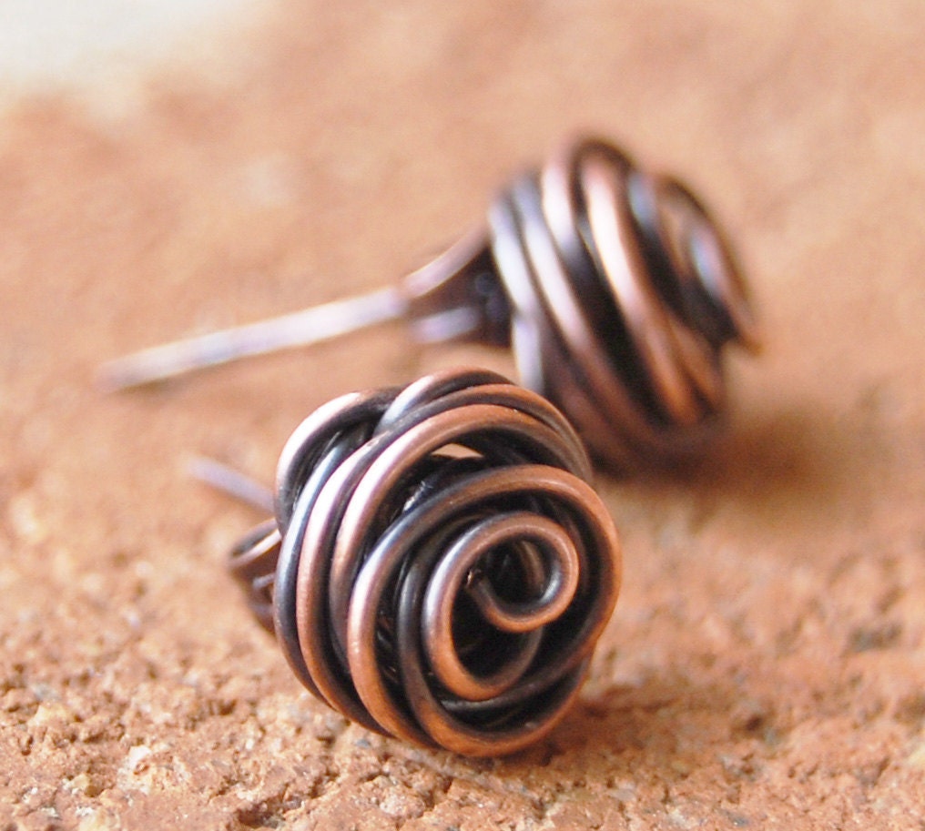 Rose bud earrings, Posts, Oxidized copper, Wire jewelry