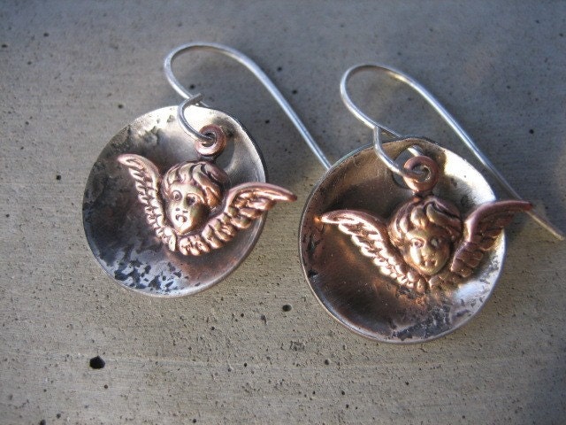 Guardian Angel Earrings Sterling Silver and Antiqued Copper