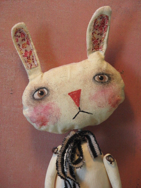 Primitive Bunny Rabbit with Basket of Eggs .........Clay and Cloth Art Doll