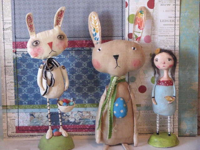 Primitive Bunny Rabbit with Basket of Eggs .........Clay and Cloth Art Doll