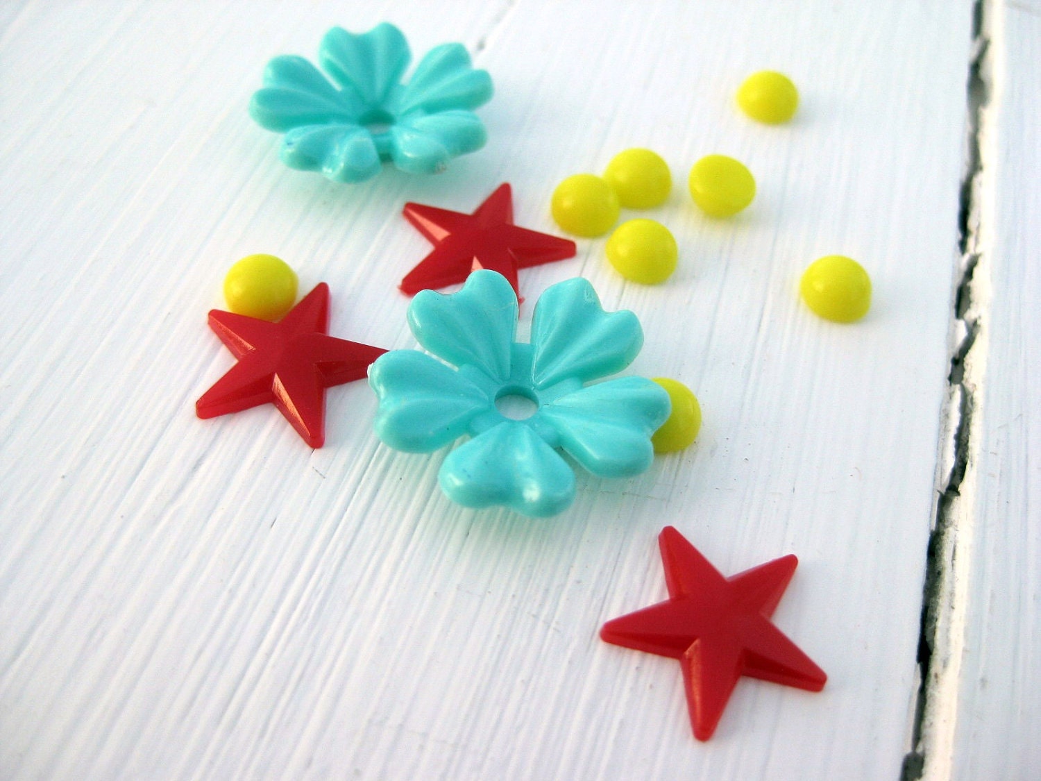 Set of Colorful Vintage Plastic Cabochons in Red, Aqua and Yellow