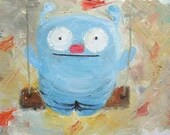 Blue Monster Painting Playing on the Swing with Fall Leaves