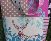 Forest Deer Insulated Lunch Bag / linen print / lunch Tote / colorful reusable / lunch bag