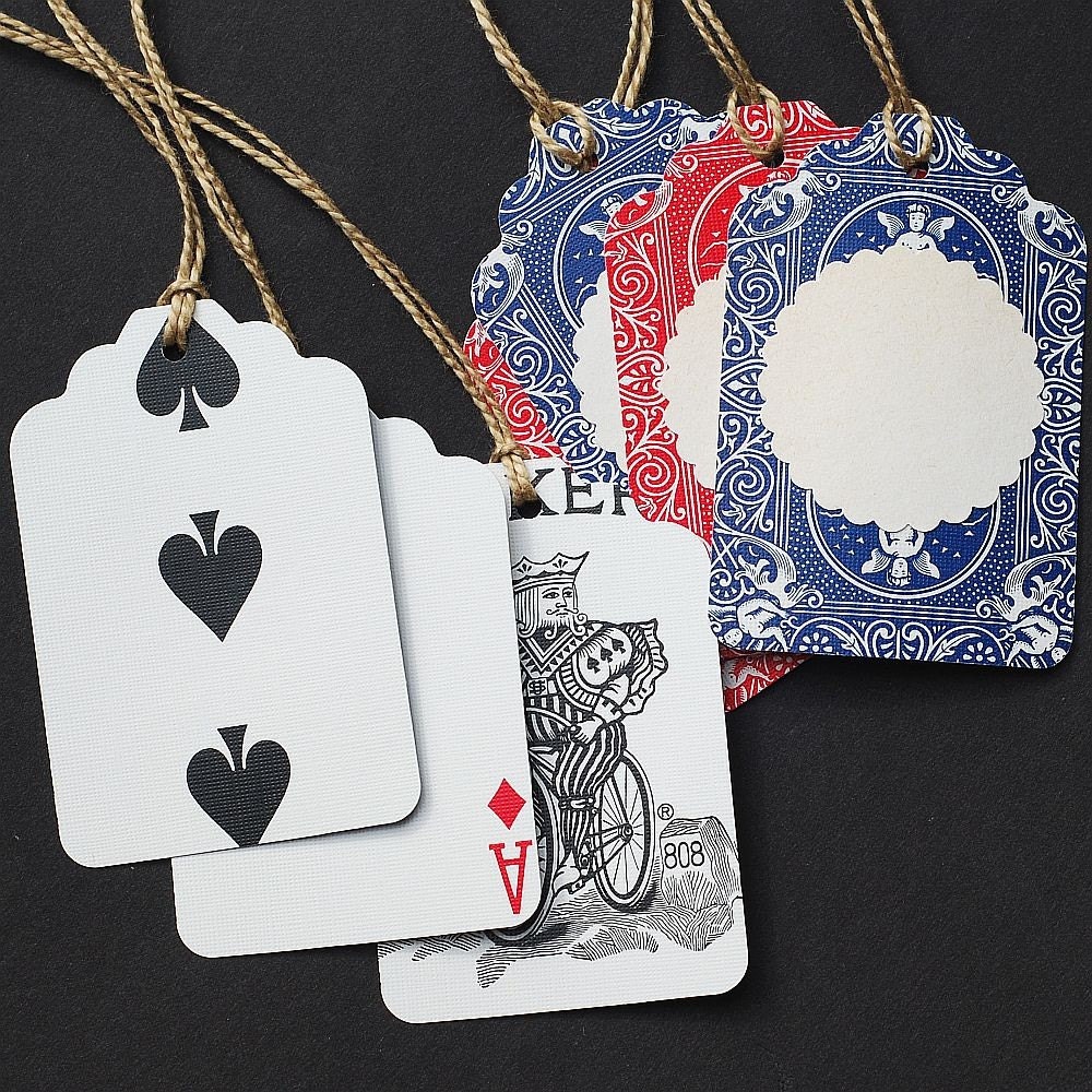 recycled gift tags- red and blue playing cards