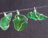 beach glass pendants- green and silver seaglass
