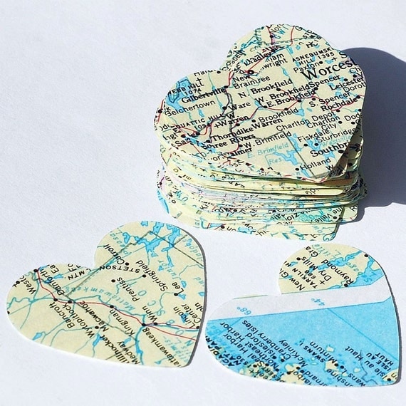 vintage craft supplies- 100 atlas United States map paper hearts