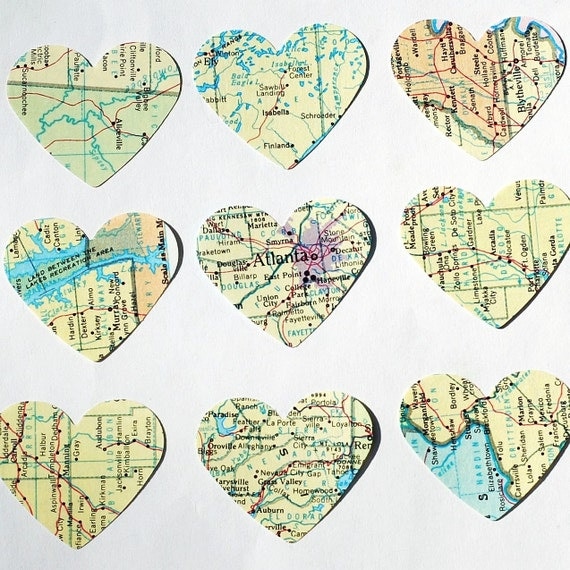 vintage craft supplies- 100 atlas United States map paper hearts