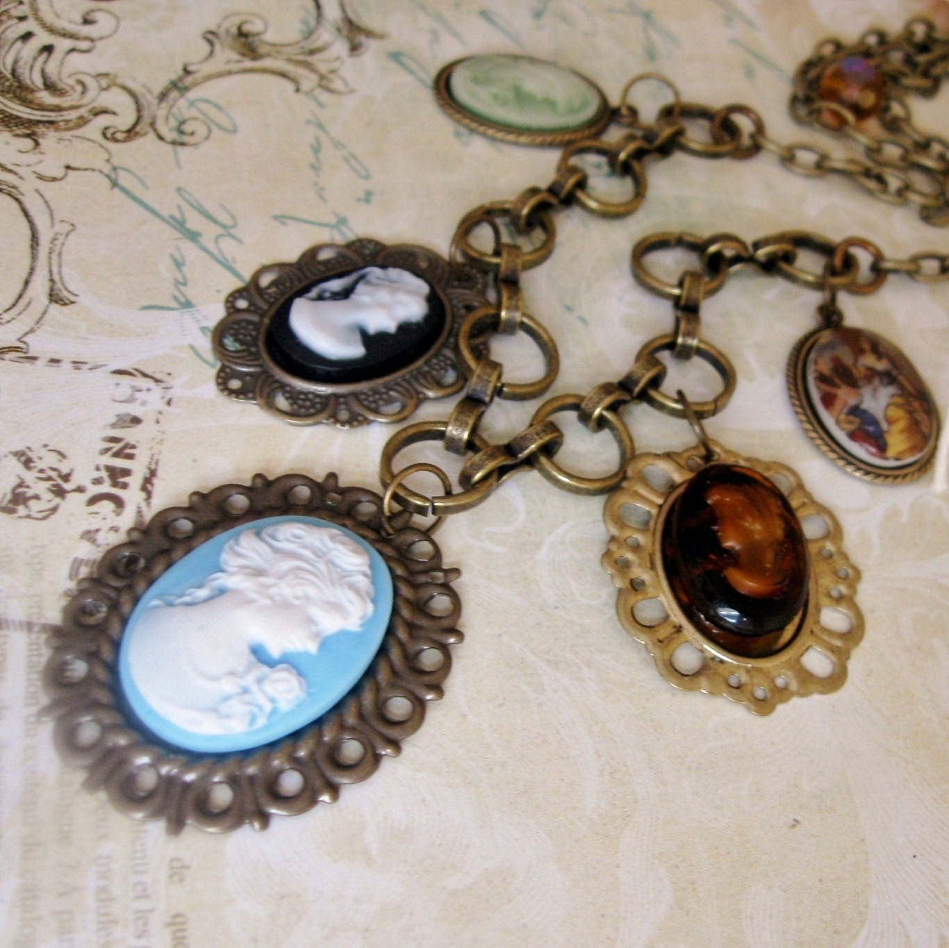 Antique Cameo Necklace Aqua blue brown black white Vintage Victorian, Parlor Pretty, FREE SHIPPING by Maddie Lisee