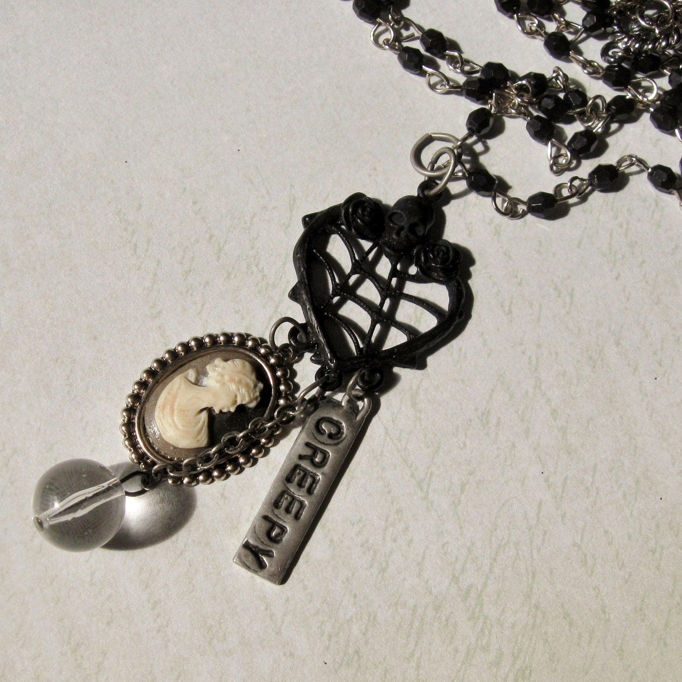 Gothic Antique Necklace Vintage Cameo spiderweb black chain, Creepy, FREE SHIPPING by Maddie Lisee