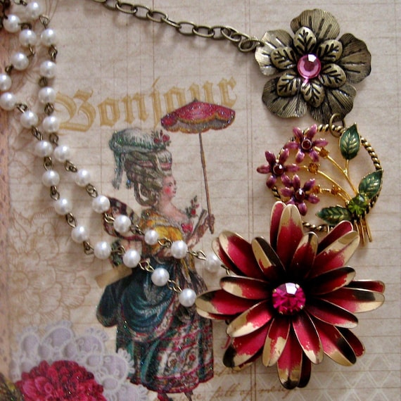 Vintage Costume Jewelry Statement Necklace Assemblage Pink Flower Spring Floral Pearls, Je T'adore, FREE SHIPPING by Maddie Lisee