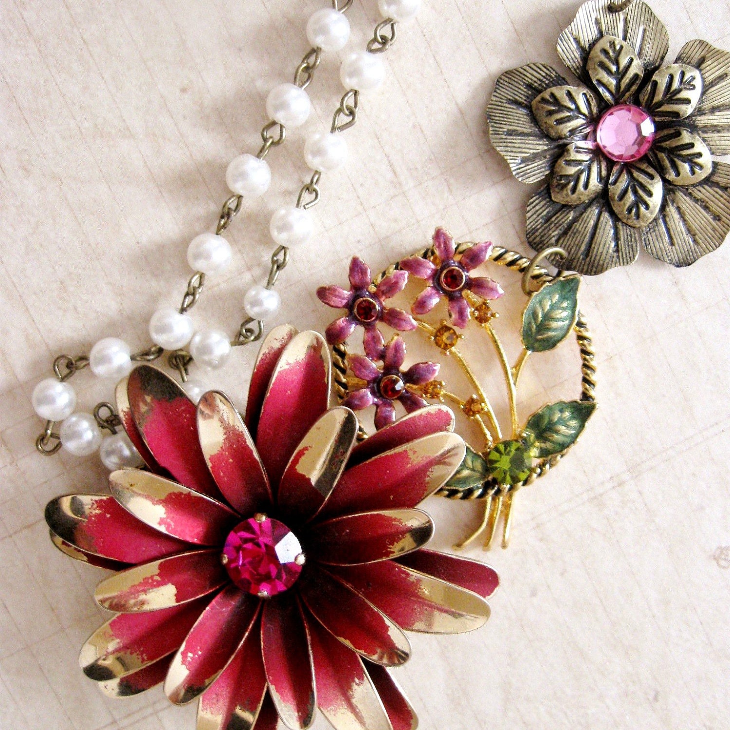 Vintage Costume Jewelry Statement Necklace Assemblage Pink Flower Spring Floral Pearls, Je T'adore, FREE SHIPPING by Maddie Lisee