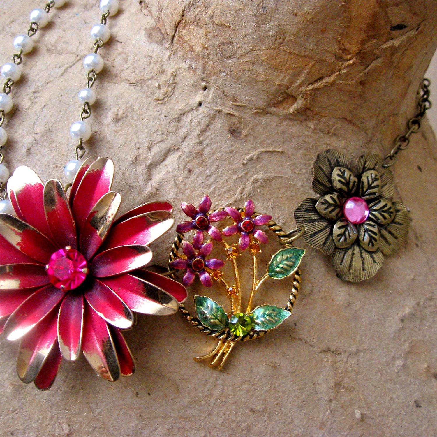 Vintage Costume Jewelry Statement Necklace Assemblage Pink Flower Spring Floral Pearls, Je T'adore, FREE SHIPPING by Maddie Lisee