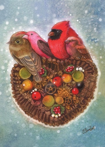 Winter Birds Original Watercolor Painting