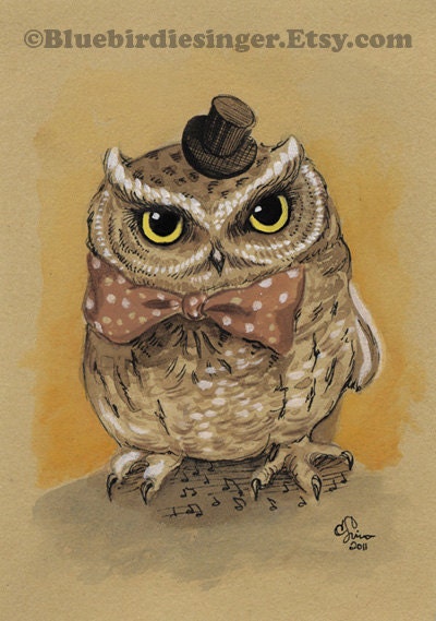 Surly Gentleman Mr.Owl in Gouache Original painting