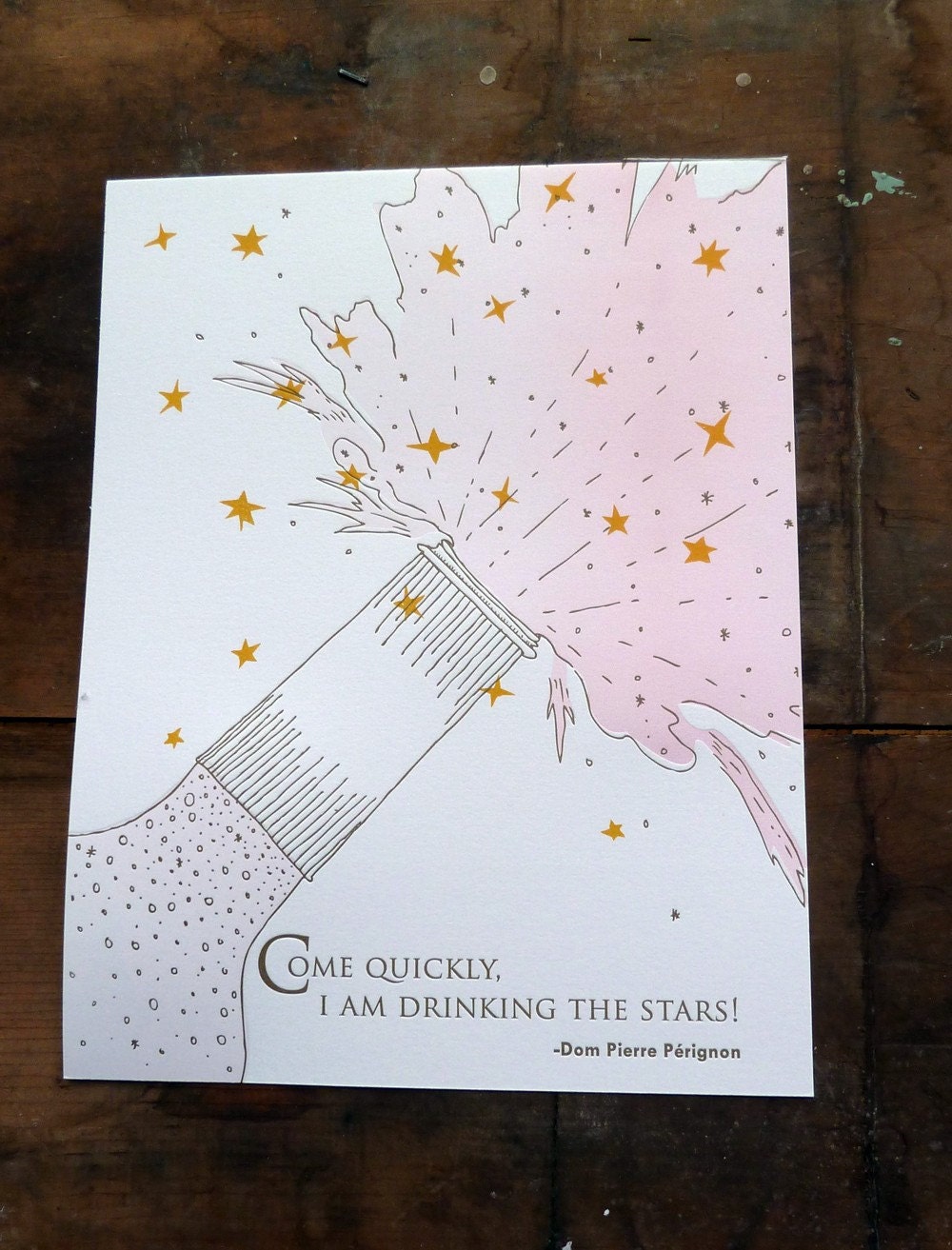 Silkscreen & Letterpress Champagne Kitchen Print- Dom Perignon Foodie Quote Art