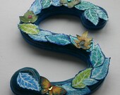 Nursery Letter, Decoupage Letter, Alphabet Letter, Wall Letter, Woodsy fauna letter S, Blue letter S, Leafy letter S