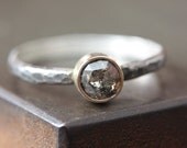 Natural Charcoal-Grey Rose Cut Diamond Ring - engagement, mixed metal, 14kt gold, sterling silver, hammered, rustic