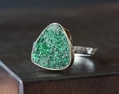 Green Druzy Uvarovite Garnet Ring- 14kt gold bezel setting, sterling silver band, triangle, organic, modern, hammered