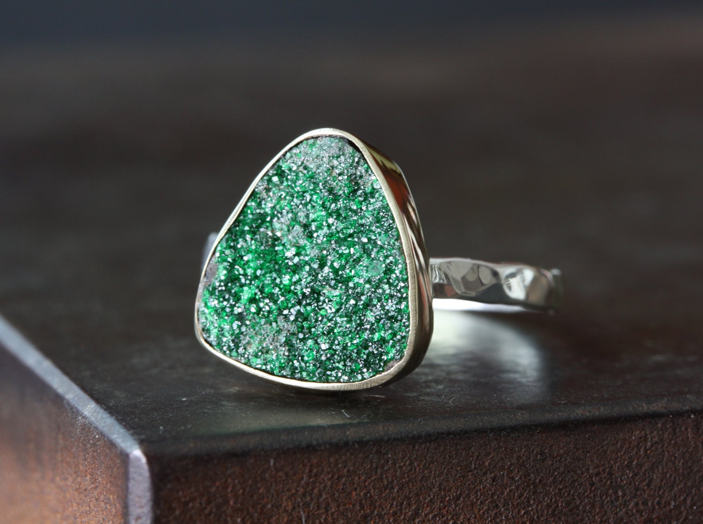 Green Druzy Uvarovite Garnet Ring- 14kt gold bezel setting, sterling silver band, triangle, organic, modern, hammered