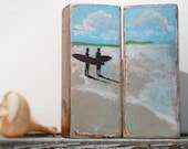 Surf painting, surf art, beach decor, wood block diptych for beach house and surf decor by Cathie Carlson