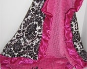 Satin Ruffle Baby Blanket Black Damask Smooth Minky and Fuchsia Pink