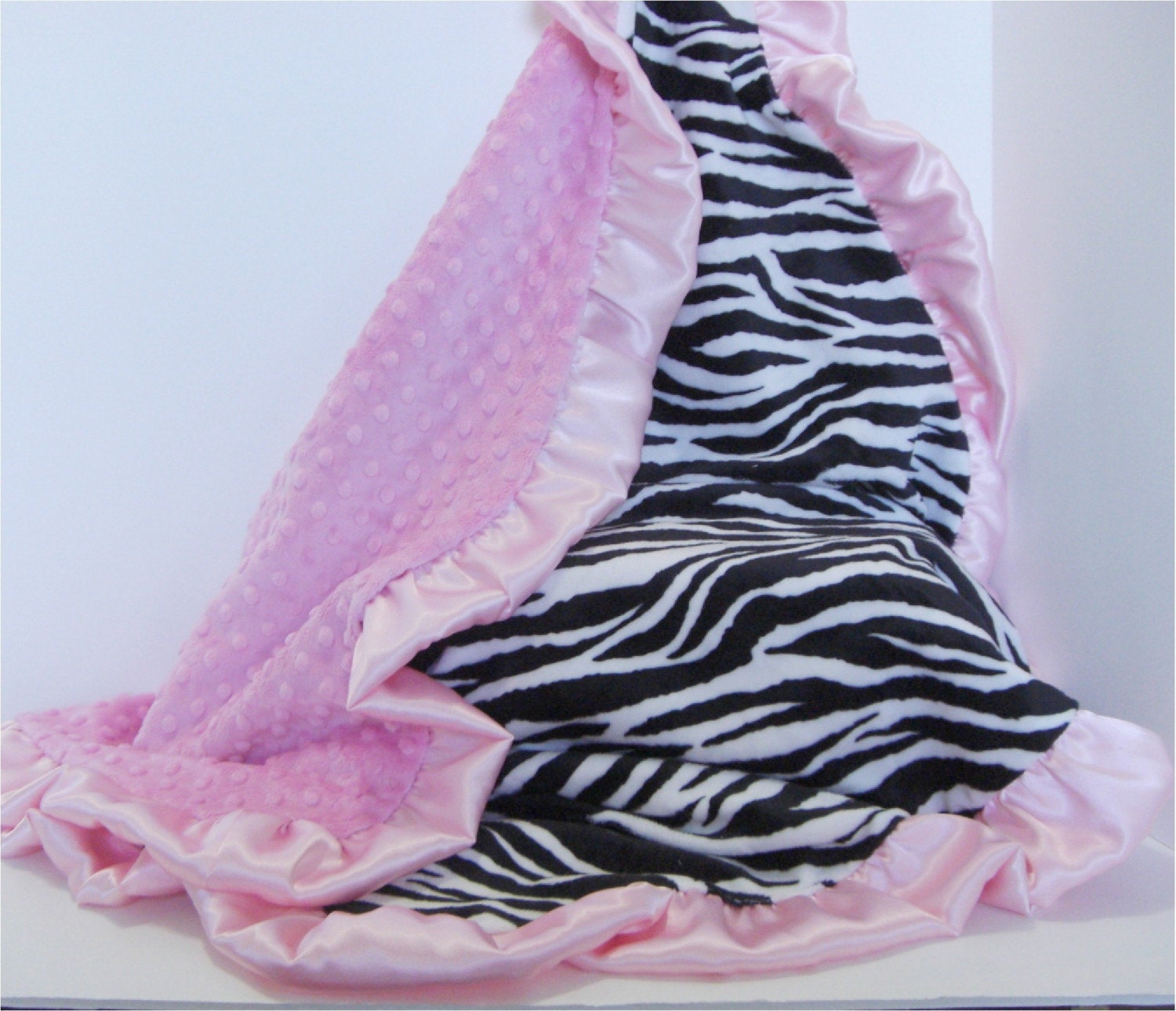Personalized Minky Baby Blanket  Hot Pink and Zebra with a Satin Ruffle Toddler Size Monogram Included 42 x 42