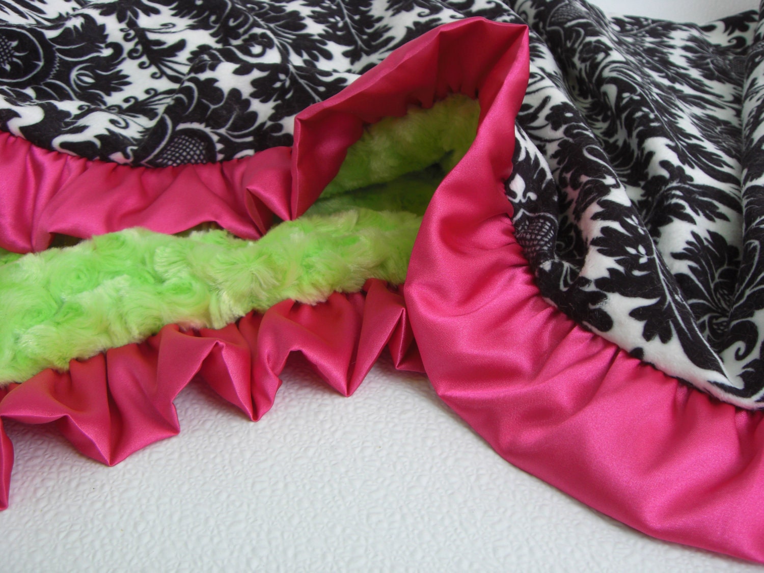 Kiwi Green Fuchsia Pink and Black Damask Minky Baby Blanket 