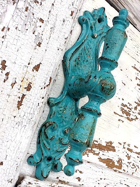 Rustic Metal Door Pulls and Wall Hook , French Decor in Spanish Hacienda Aqua Green