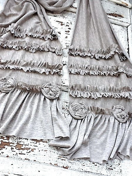 Cotton Knit Scarf Romantic Soft Gray / Taupe, Small Rosettes, Raw Edged and Tattered