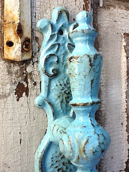 Rustic Metal Door Pulls and Wall Hook , French Decor in Spanish Hacienda Aqua Green