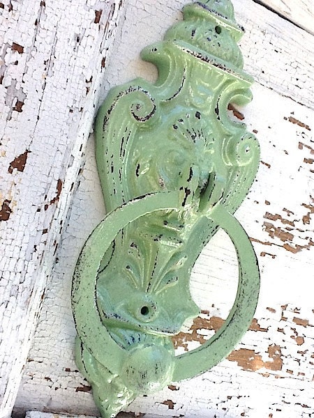 Shabby Chic Iron Wall Decor, Door Knocker, Towel Holder,in Melon Green, New House , Wedding Gift